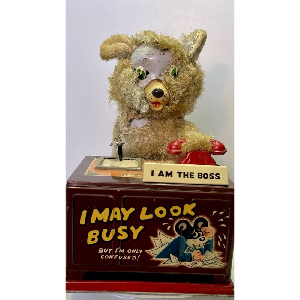 Linemar Tin Toy "I Am The Boss" Drinking Writing Bear Japan 1950s AS-IS - Picture 2 of 15